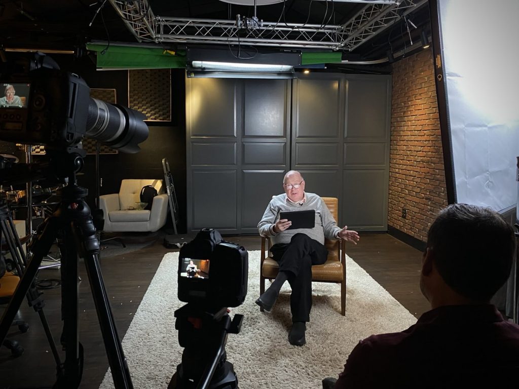 Jon interviewing Chuck Wright, whose family helped found MBC with 25 members in 1961.